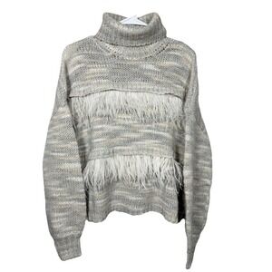 Cinq à Sept SM Wool Blend Ostrich Feather Turtleneck Boxy Cropped Sweater Luxury